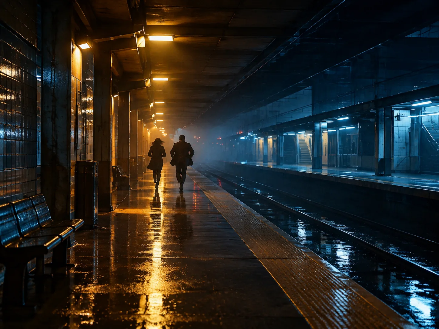 A rain-lit underground station scene from a generated short film