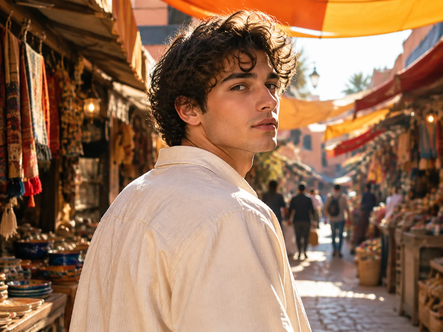 A consistent character portrait in a colorful market alley