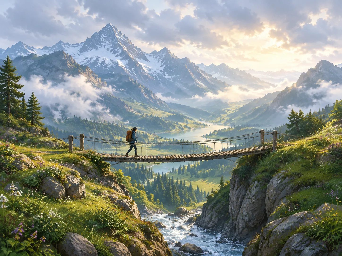 An illustrated traveler crossing a mountain valley