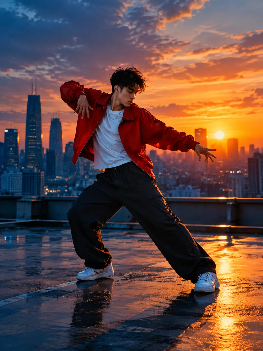 A dancer on a city rooftop in a vertical social video frame