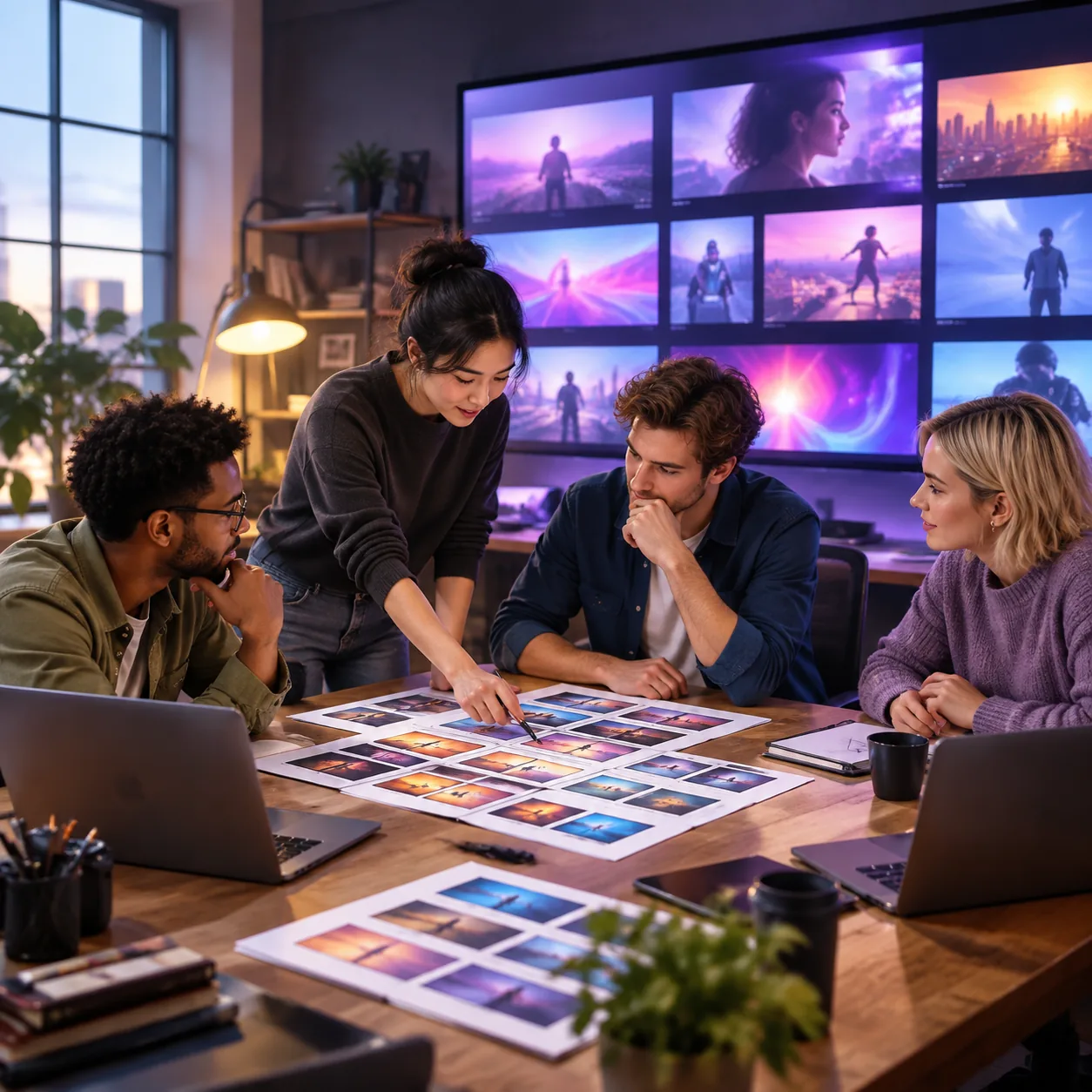 A creative team reviewing generated video work in a shared workspace